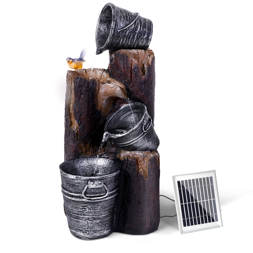 Rustic Cascading 3 Tier Solar Fountain with Buckets and LED Lighting