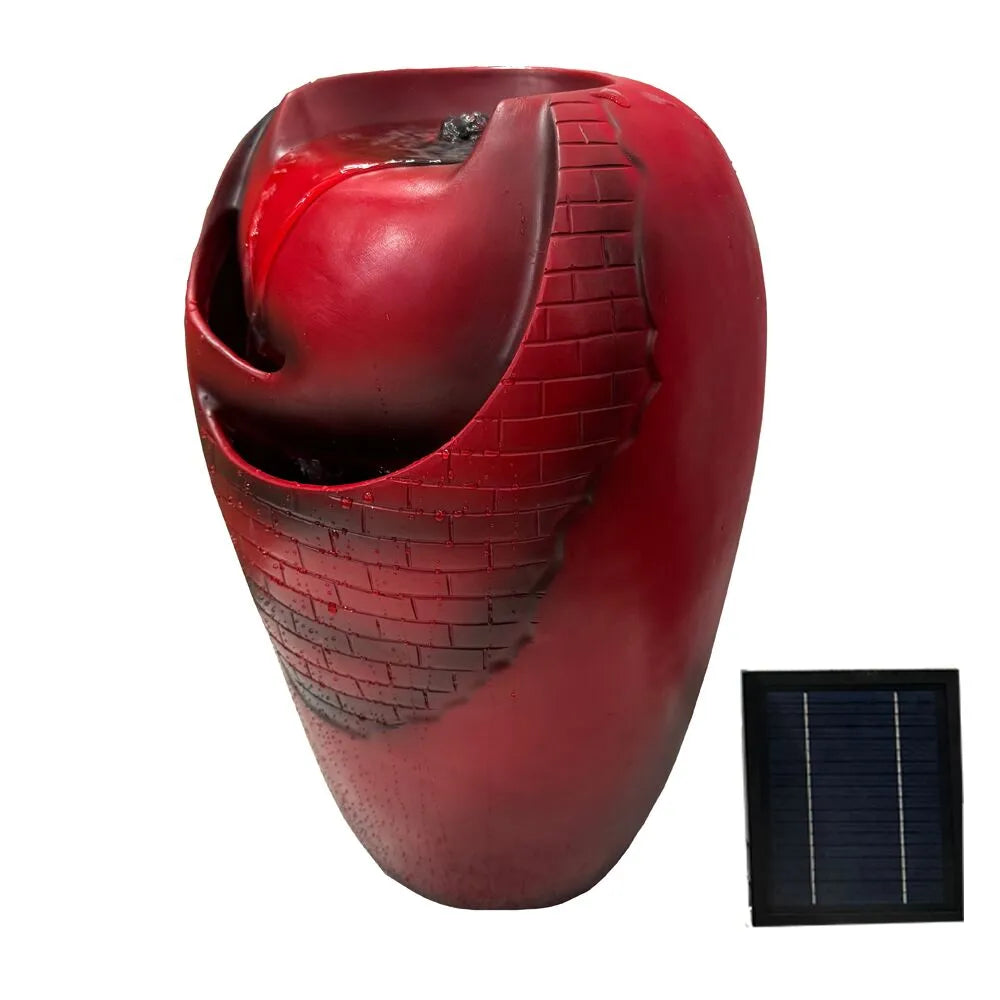 Solar Red Ceramic Urn Garden Water Feature