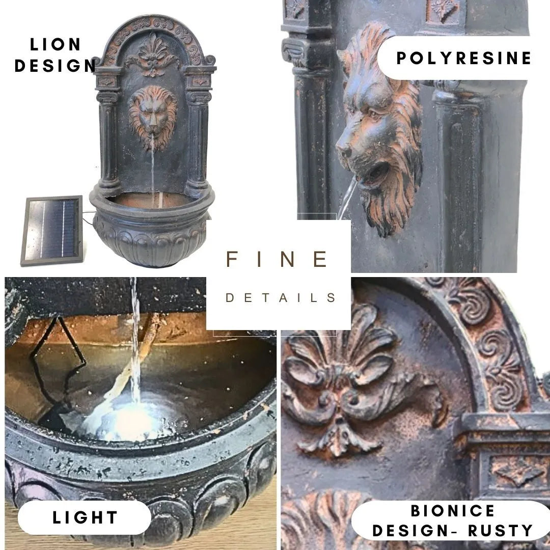 Solar Rustic Lion Spout Wall Water Feature with LED