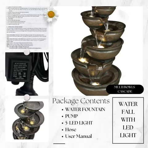 Modern Cascading Zen bowls Water Feature with LED Light
