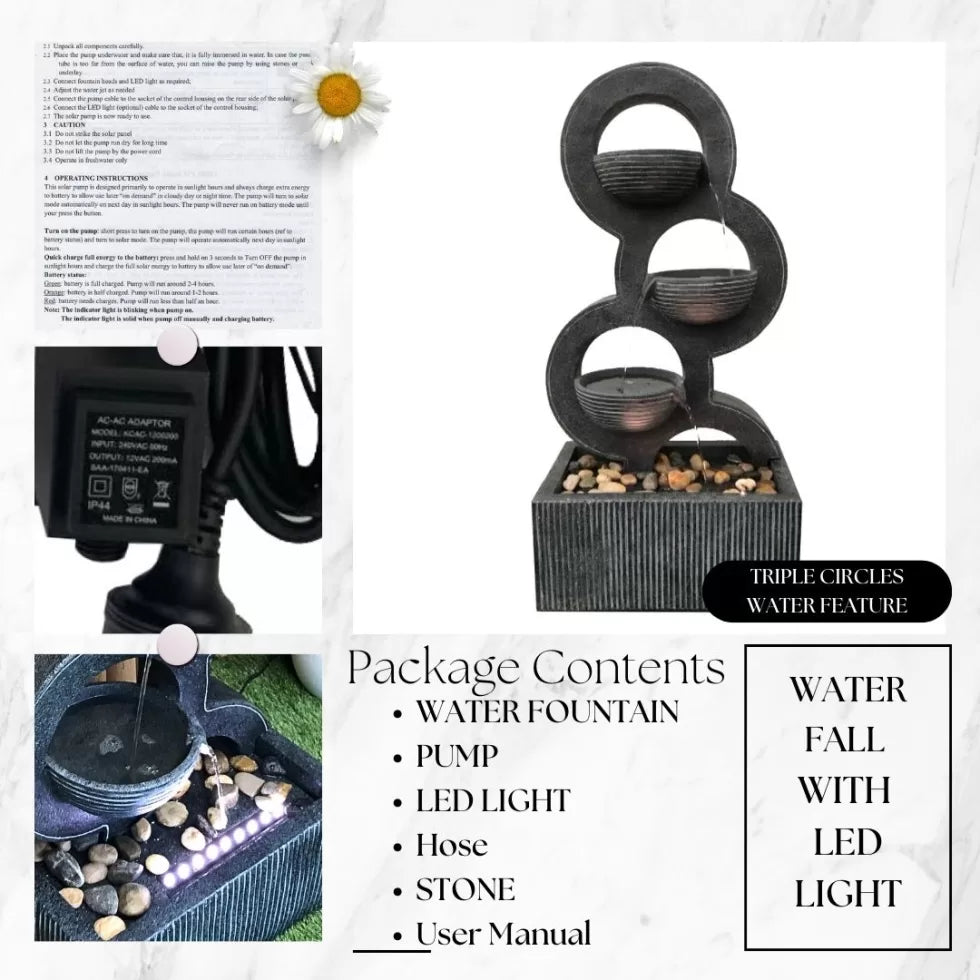 Modern 3 bowl cascading water feature with LED light