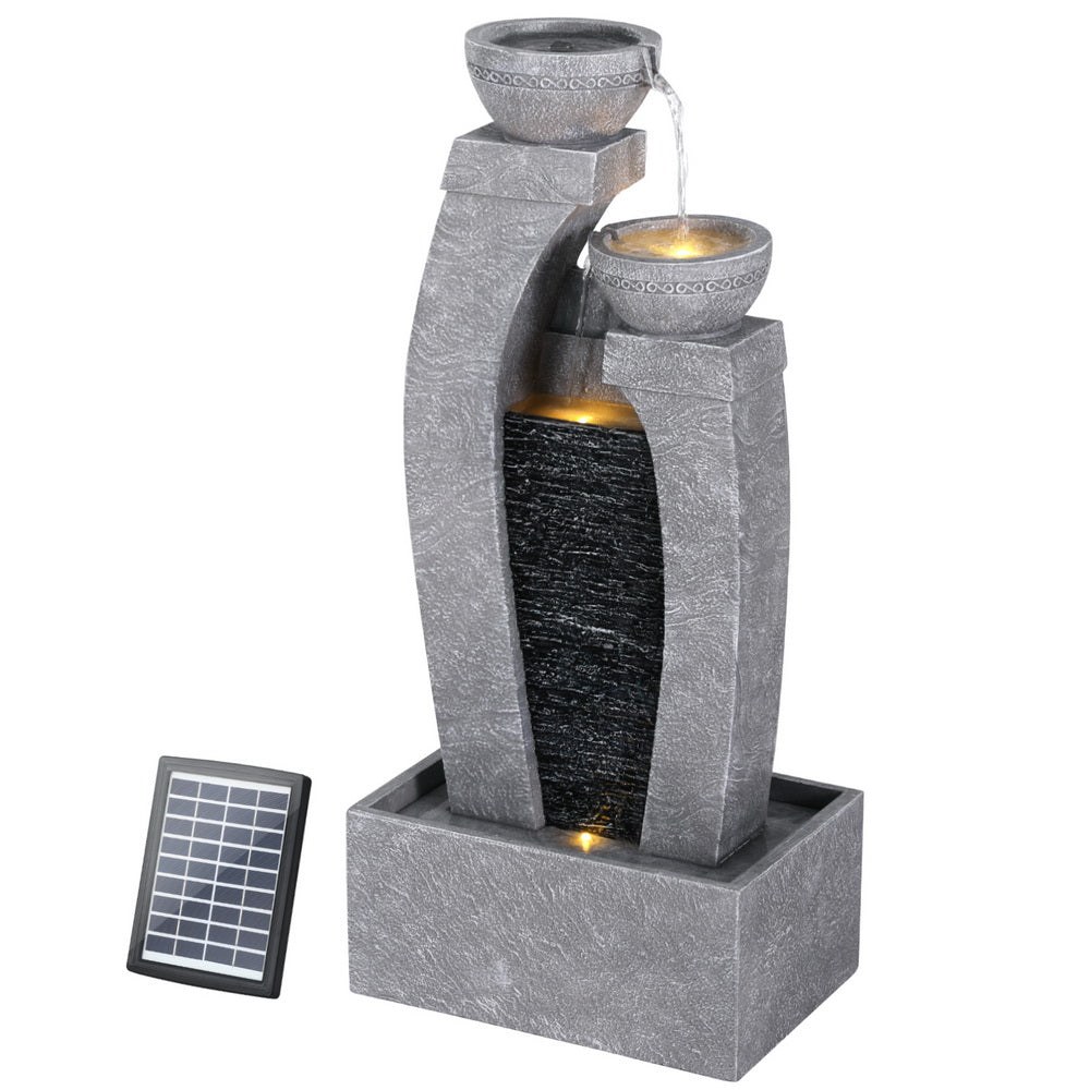 Cascading 3 Tier Solar Fountain with LED Light and Grey Stone Texture
