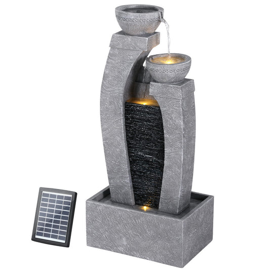 Cascading 3 Tier Solar Fountain with LED Light and Grey Stone Texture