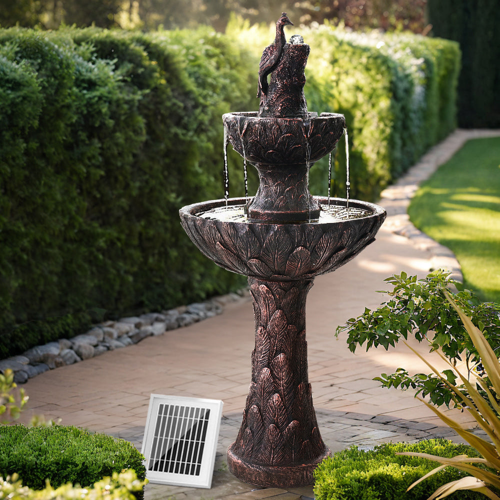 Solar Powered Two Tier Bird Bath Fountain with Peacock Accent