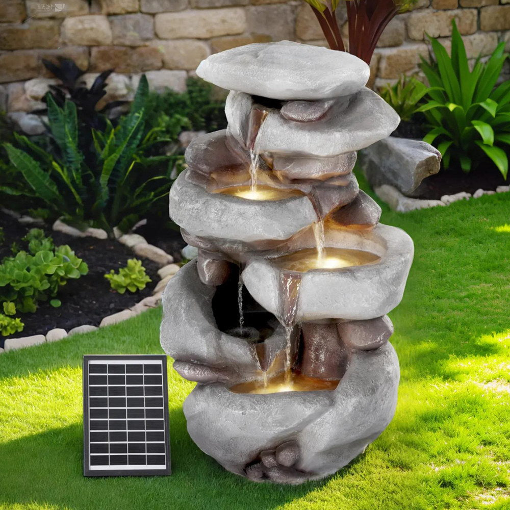 Solar Powered 4-Tier Rock Water Feature with LED