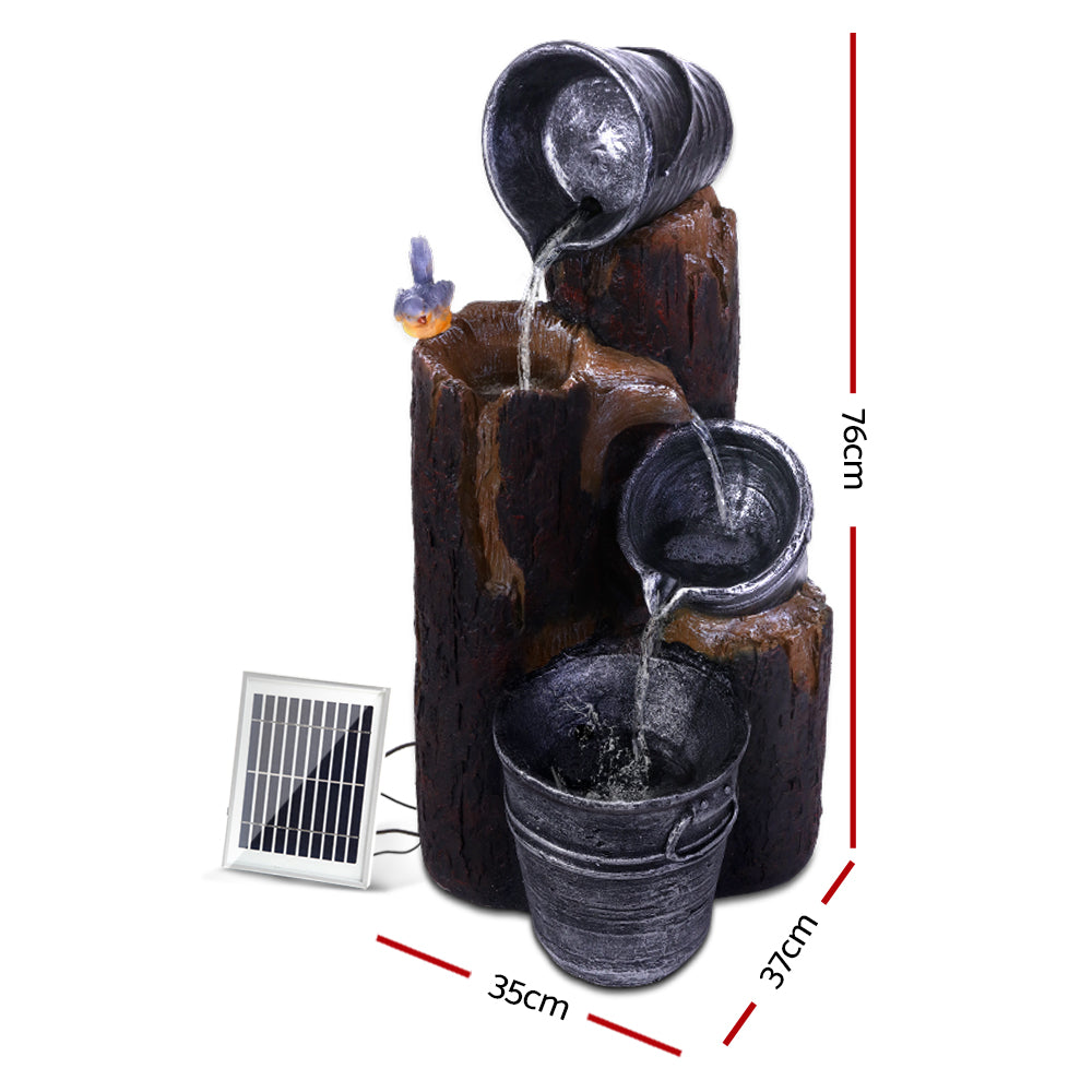 Rustic Cascading 3 Tier Solar Fountain with Buckets and LED Lighting