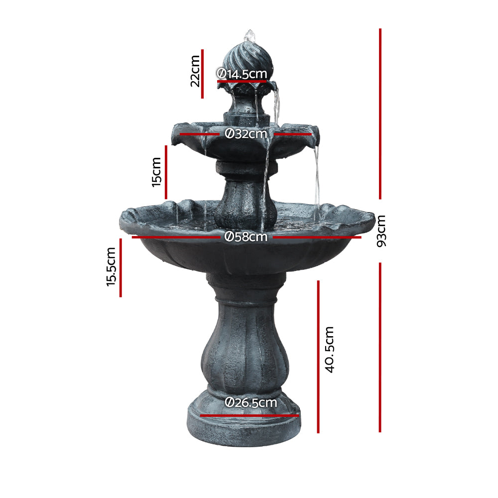 Elegant Solar powered 3-Tiered Bird Bath Water feature with LED Light