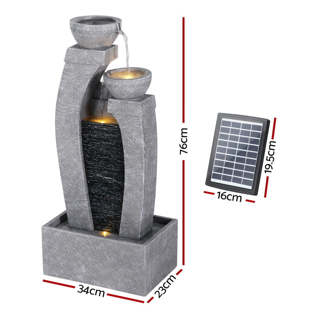 Cascading 3 Tier Solar Fountain with LED Light and Grey Stone Texture