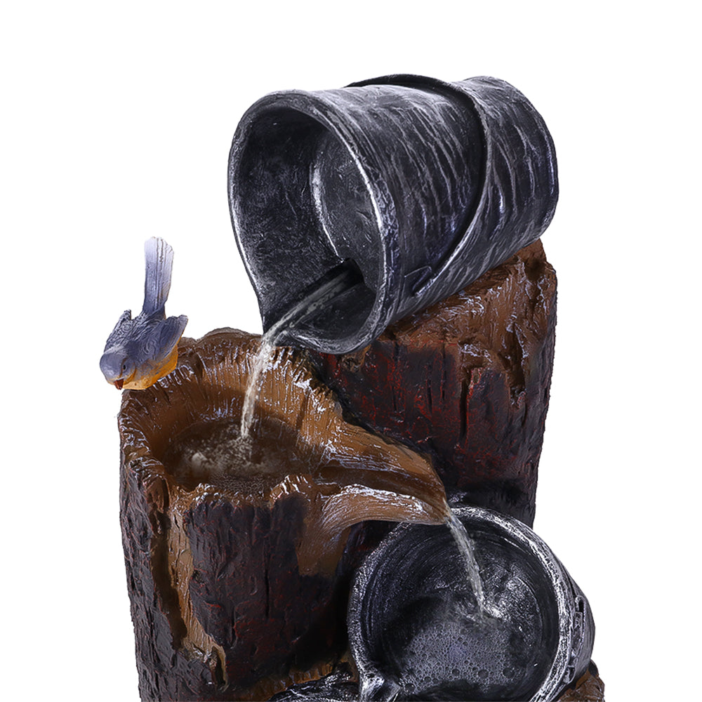 Rustic Cascading 3 Tier Solar Fountain with Buckets and LED Lighting