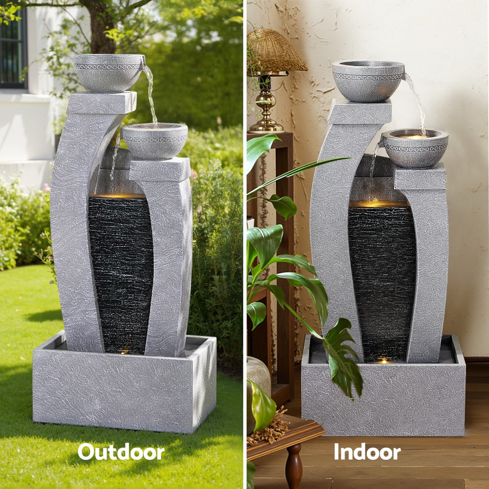 Cascading 3 Tier Solar Fountain with LED Light and Grey Stone Texture