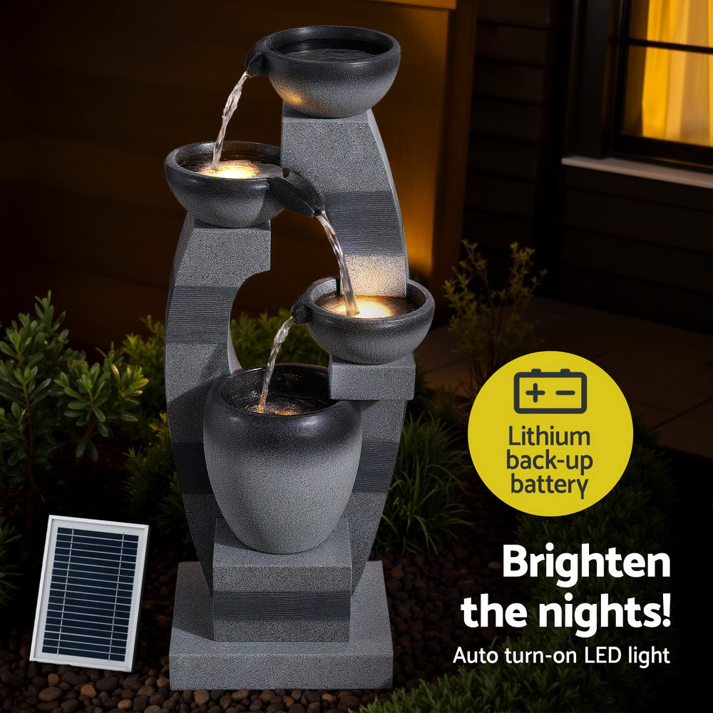 Solar Cascading 3 Tier Fountain with Stacked Bowls and LED Lighting