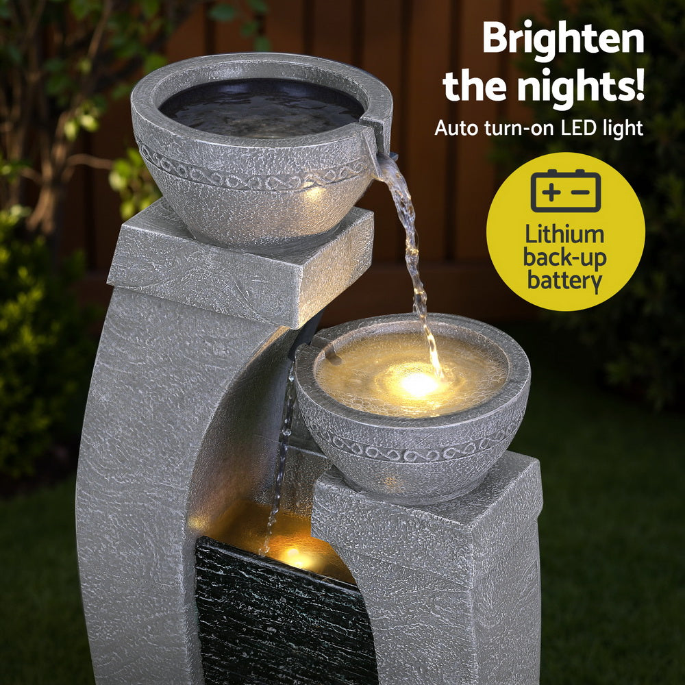 Cascading 3 Tier Solar Fountain with LED Light and Grey Stone Texture
