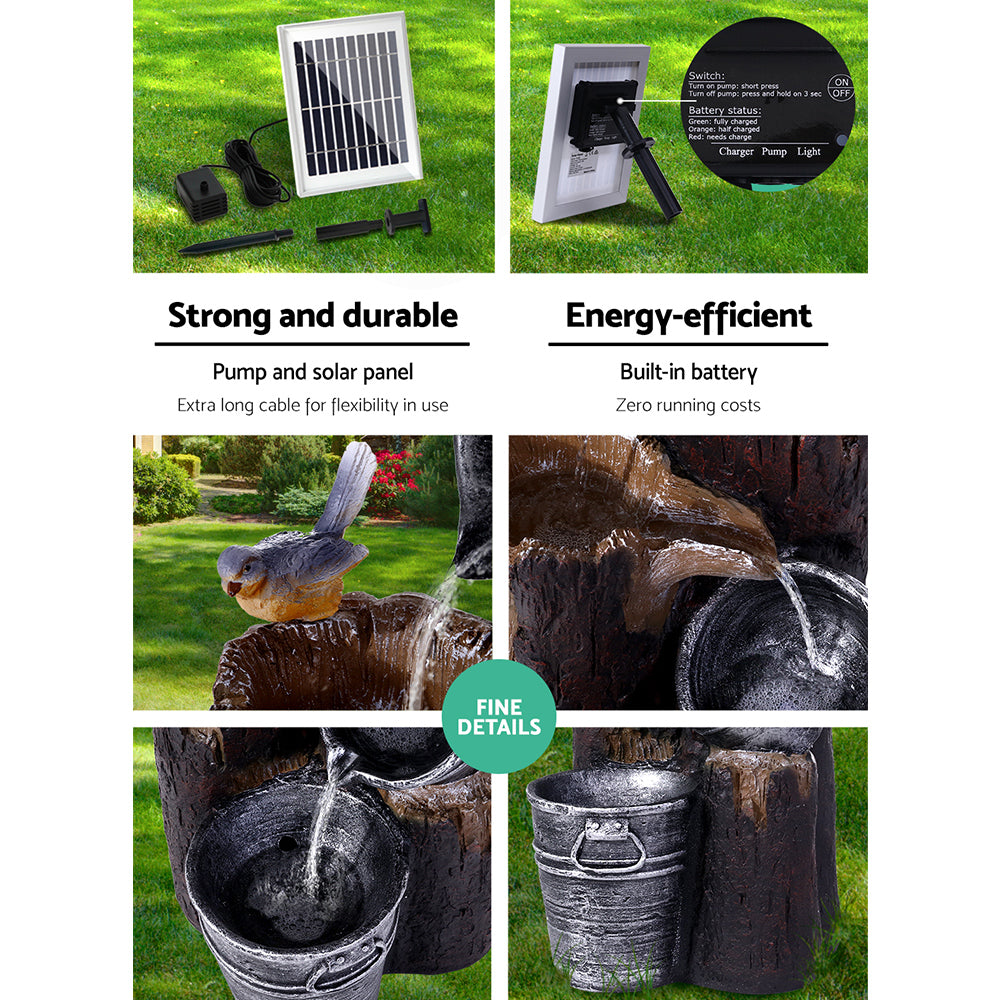 Rustic Cascading 3 Tier Solar Fountain with Buckets and LED Lighting