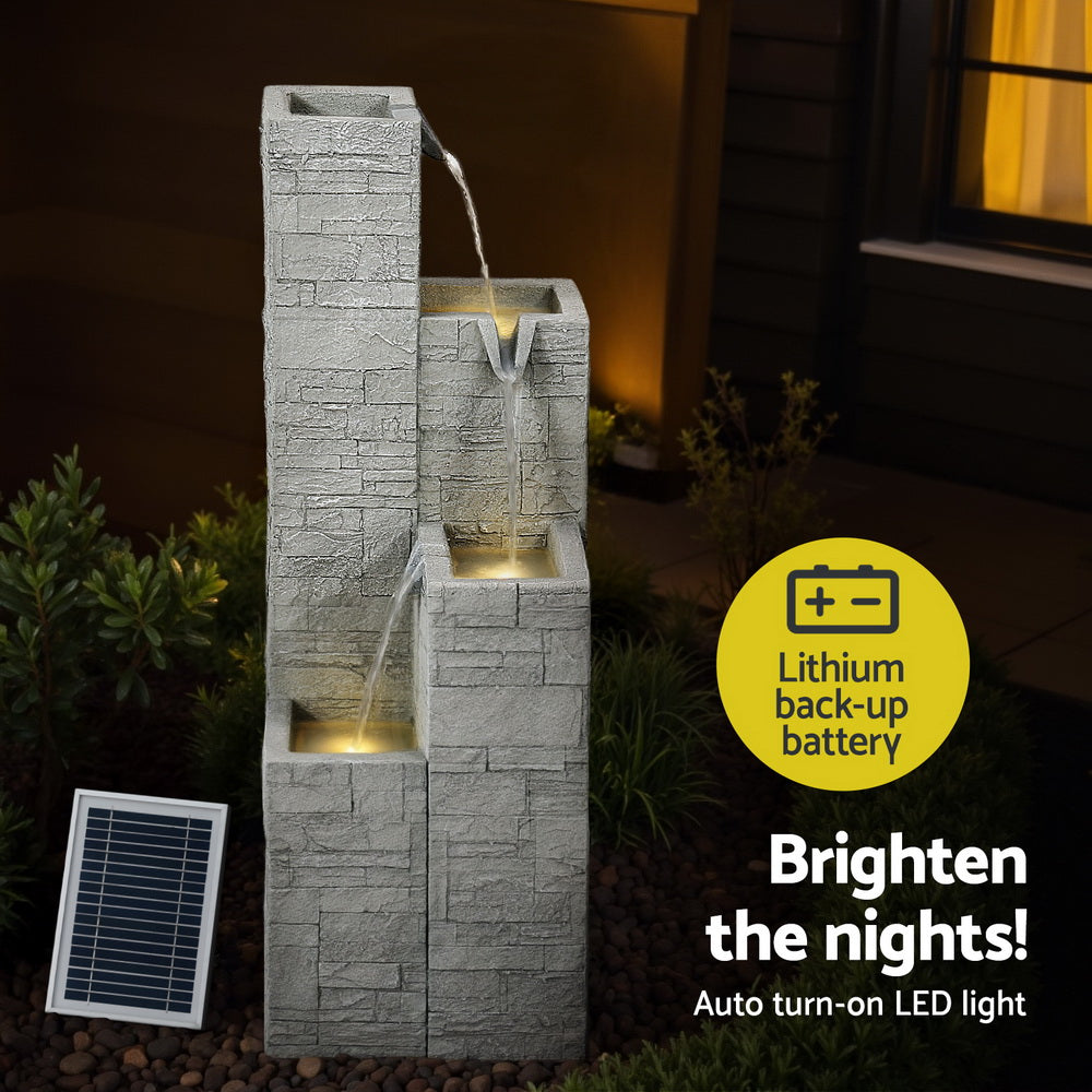 Cascading 3 Tier Solar Stone Look Water Feature with LED