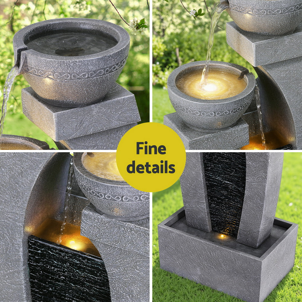 Cascading 3 Tier Solar Fountain with LED Light and Grey Stone Texture