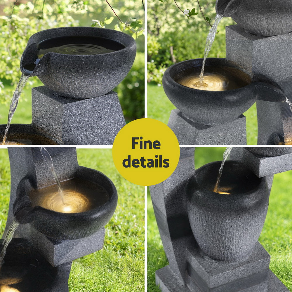 Solar Cascading 3 Tier Fountain with Stacked Bowls and LED Lighting