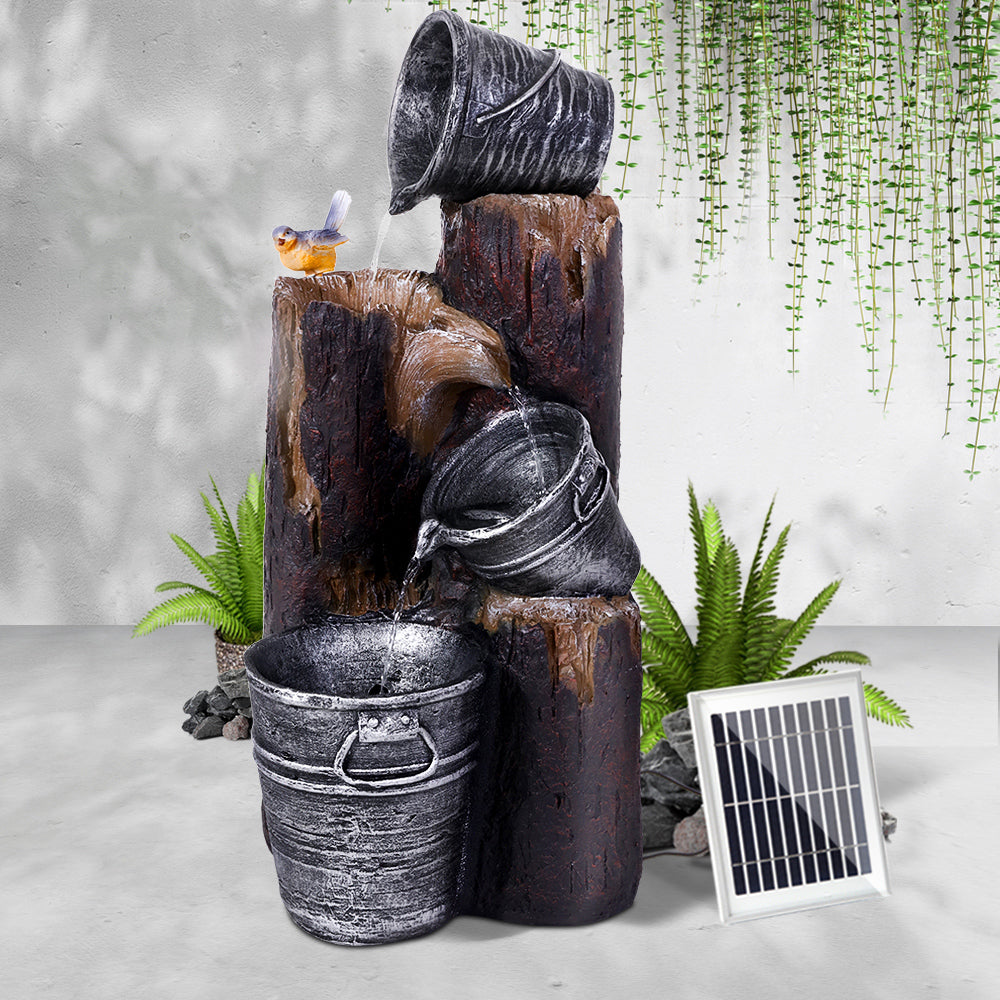 Rustic Cascading 3 Tier Solar Fountain with Buckets and LED Lighting