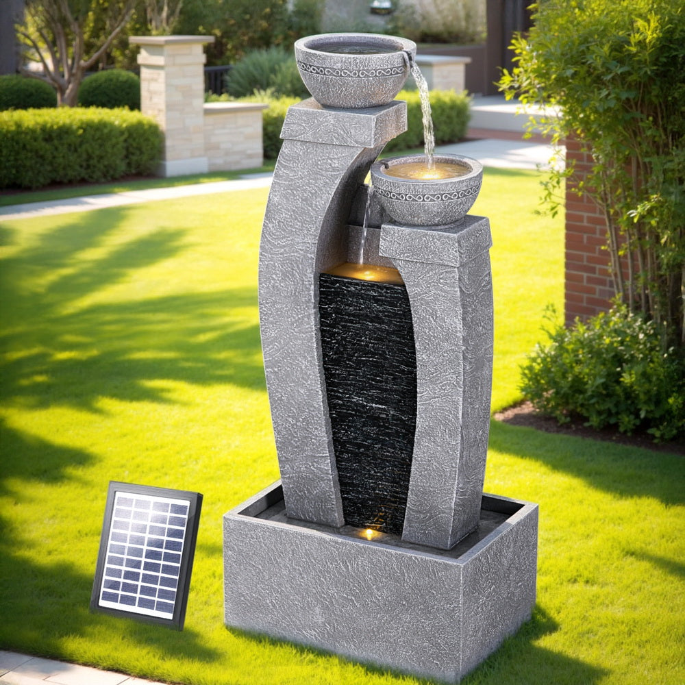 Cascading 3 Tier Solar Fountain with LED Light and Grey Stone Texture