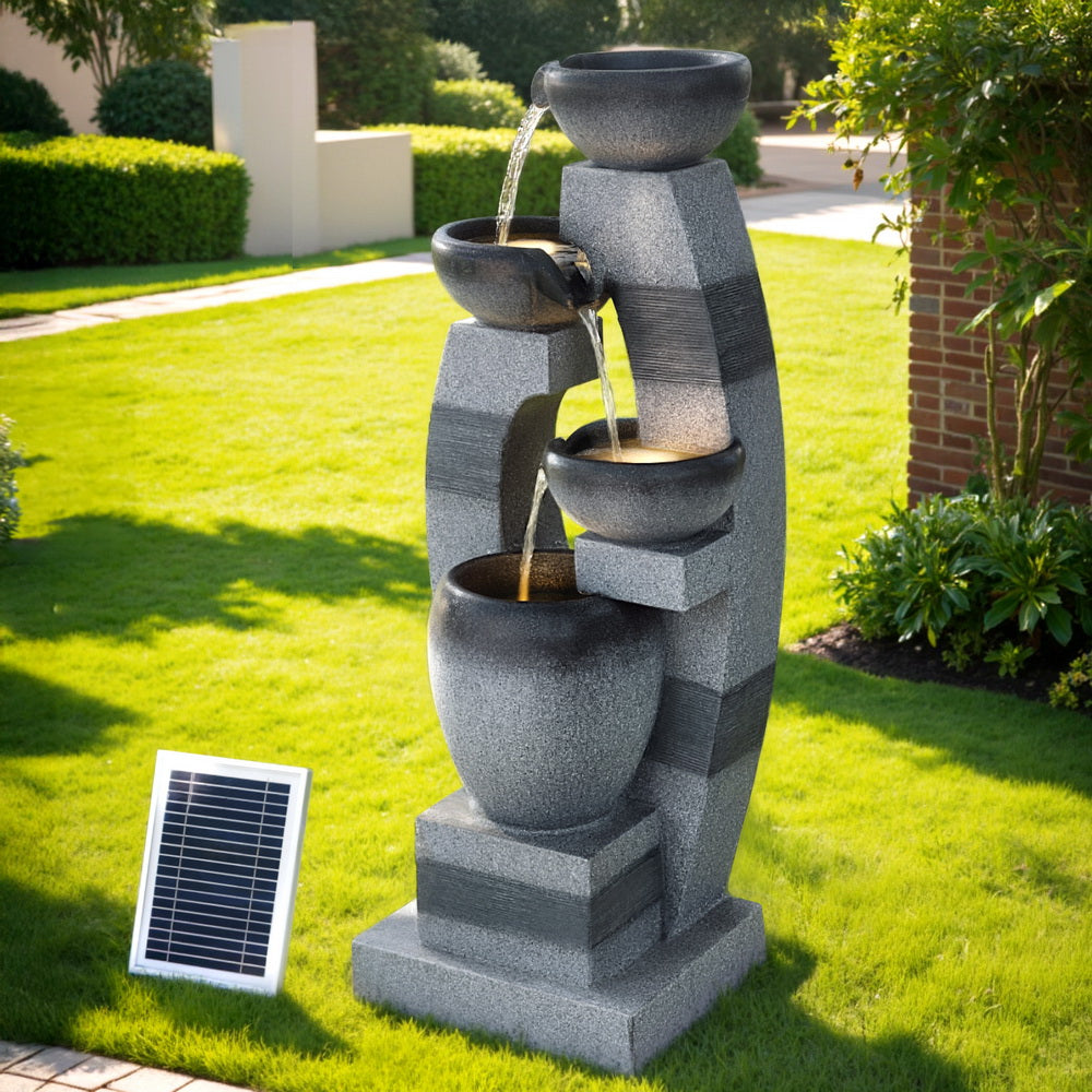 Solar Cascading 3 Tier Fountain with Stacked Bowls and LED Lighting