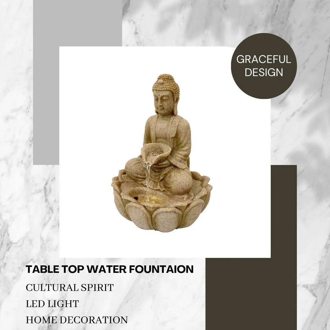 Buddha Stone Finish Lotus LED Tabletop Water Feature