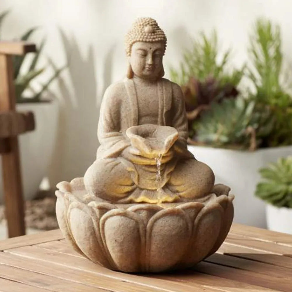 Buddha Stone Finish Lotus LED Tabletop Water Feature
