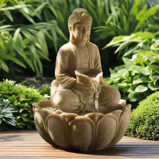Buddha Stone Finish Lotus LED Tabletop Water Feature