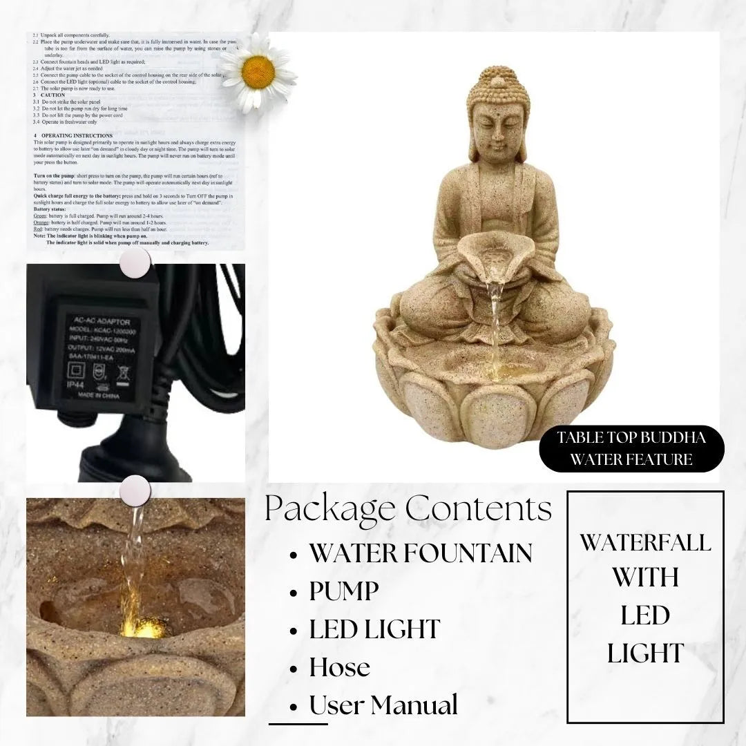Buddha Stone Finish Lotus LED Tabletop Water Feature