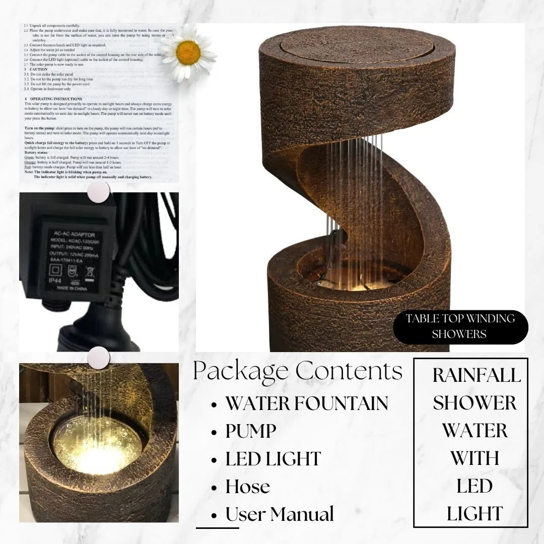 Spiral Rain Curtain Rustic LED Tabletop Water Feature