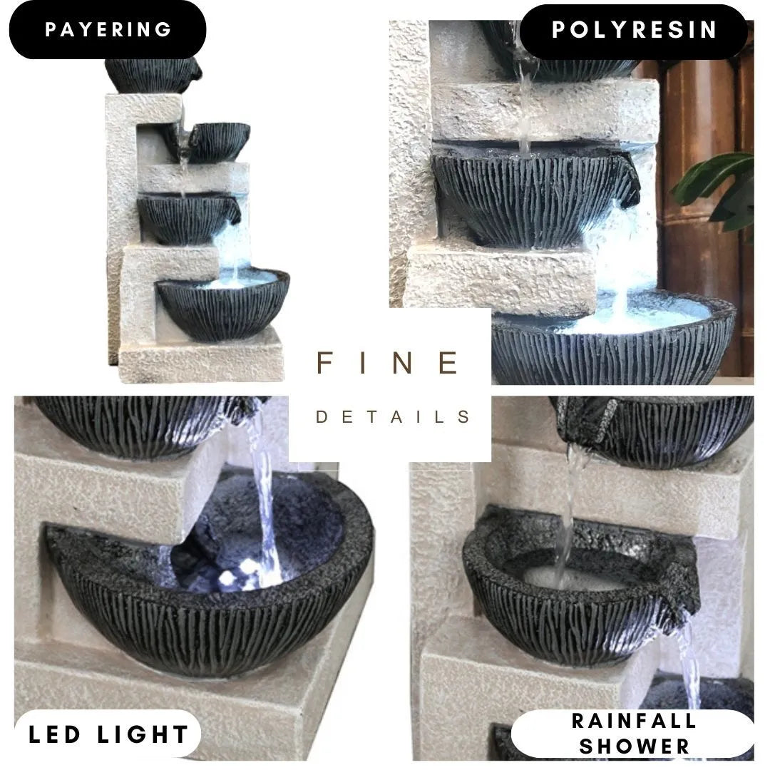 4 Tier Textured Bowls LED Light Tabletop Water Feature
