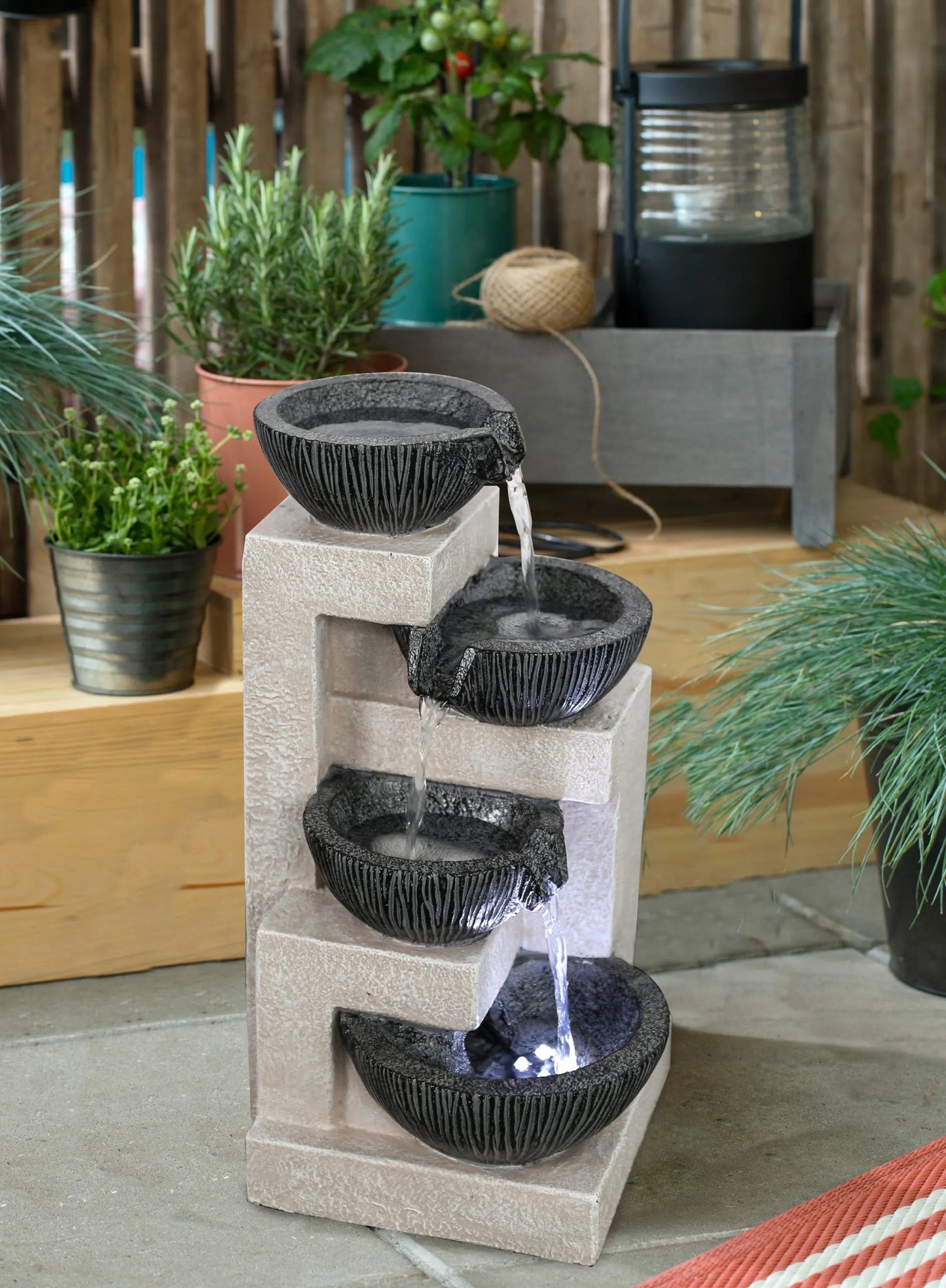 4 Tier Textured Bowls LED Light Tabletop Water Feature