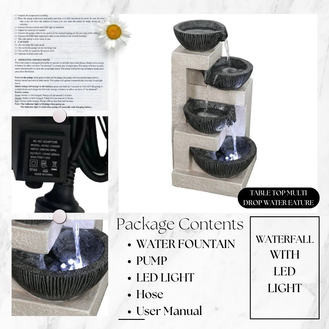 4 Tier Textured Bowls LED Light Tabletop Water Feature