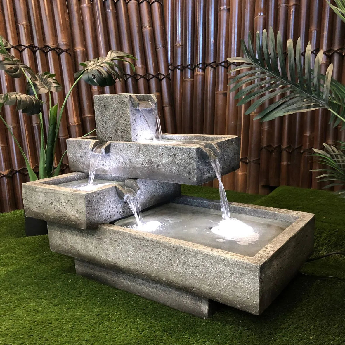 Modern Tiered Stone Look LED Lighting Water Feature