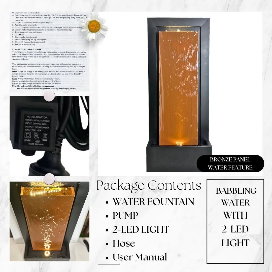 Modern Bronze Frame LED Lighting Wall Water Feature