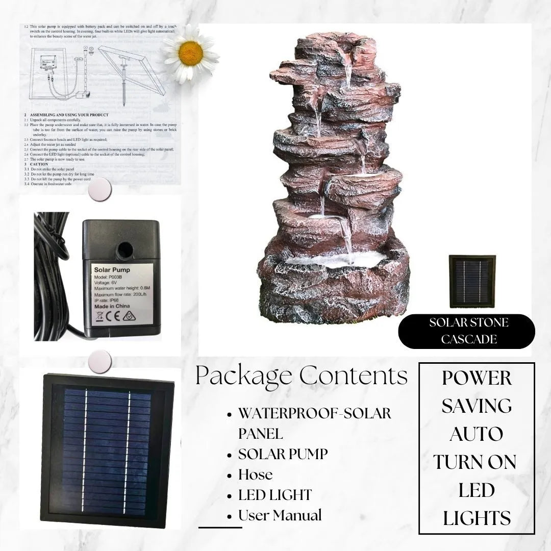 Solar Cascading Rock Water Feature with LED lighting