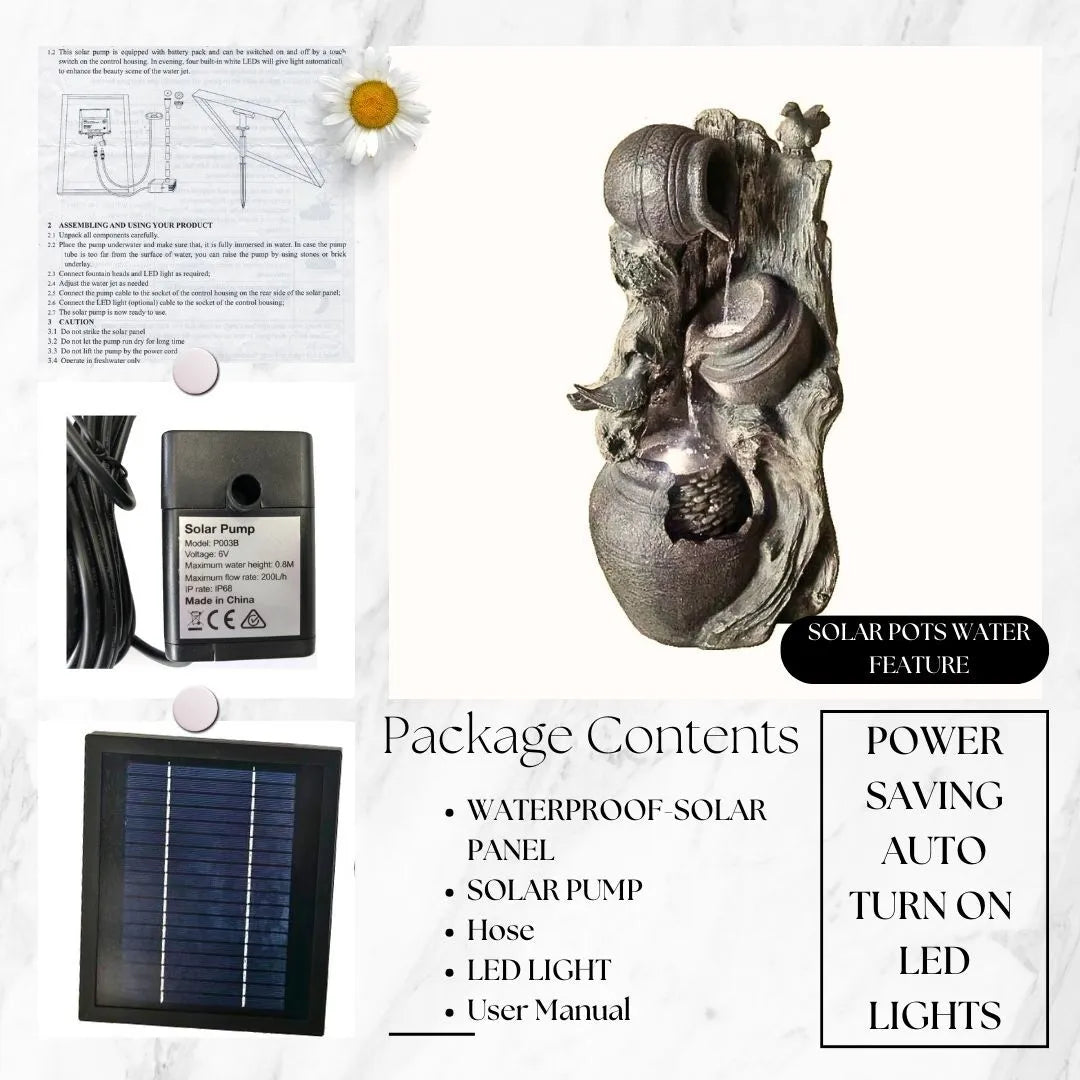 Solar Rustic Rock Bowl Water Feature with LED Light