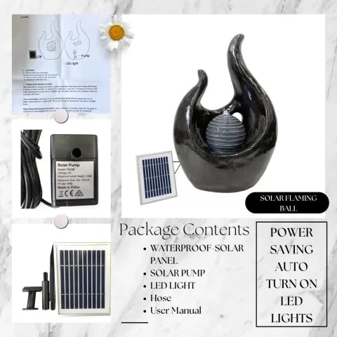 Artistic Solar Sphere and Flame Water Feature with LED