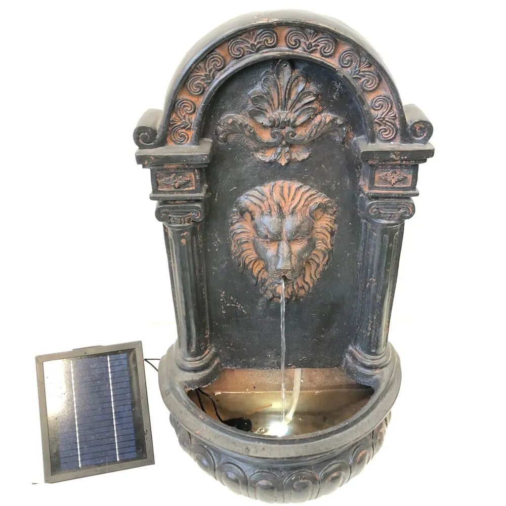 Solar Rustic Lion Spout Wall Water Feature with LED