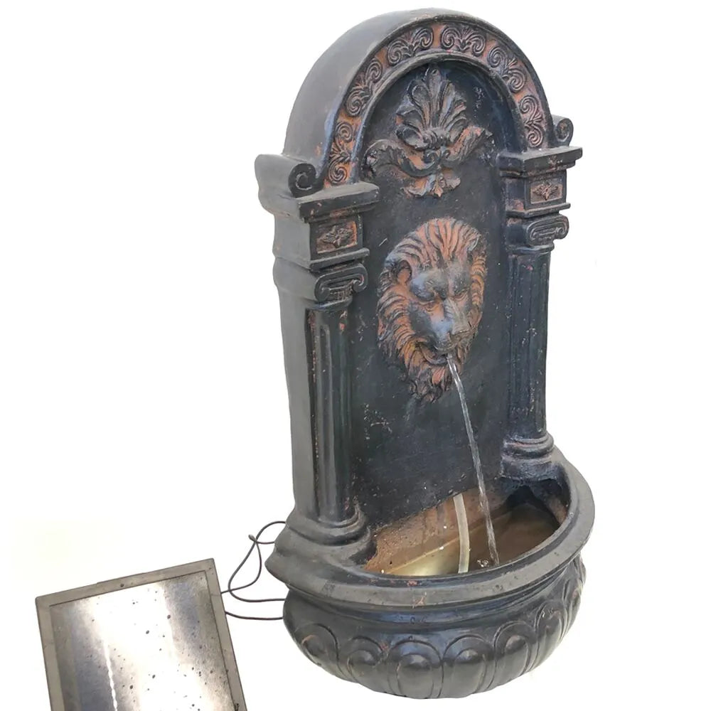 Solar Rustic Lion Spout Wall Water Feature with LED