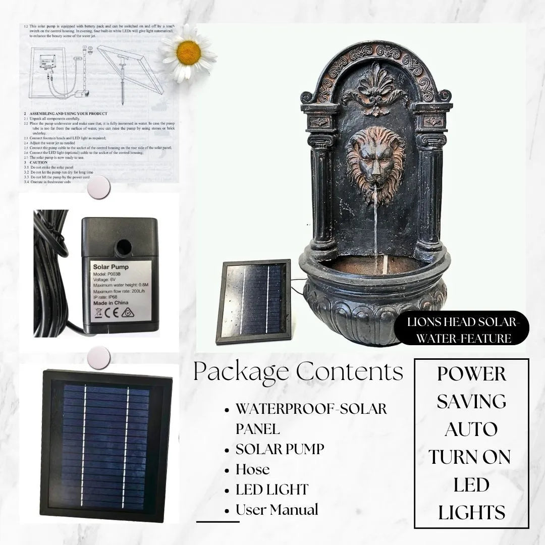 Solar Rustic Lion Spout Wall Water Feature with LED