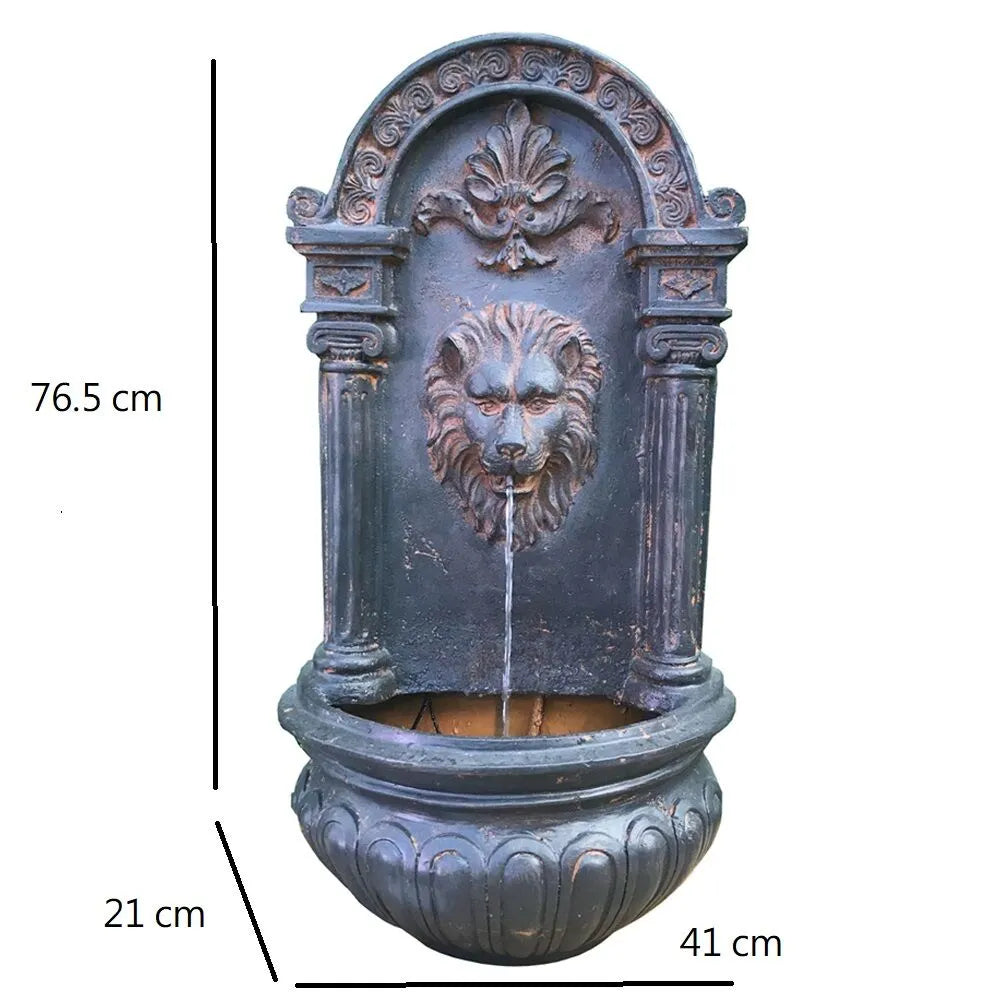 Solar Rustic Lion Spout Wall Water Feature with LED