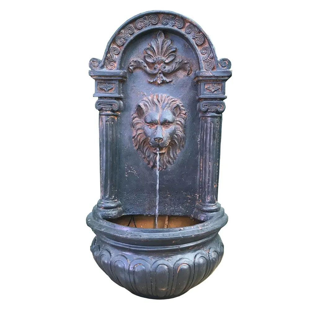 Solar Rustic Lion Spout Wall Water Feature with LED