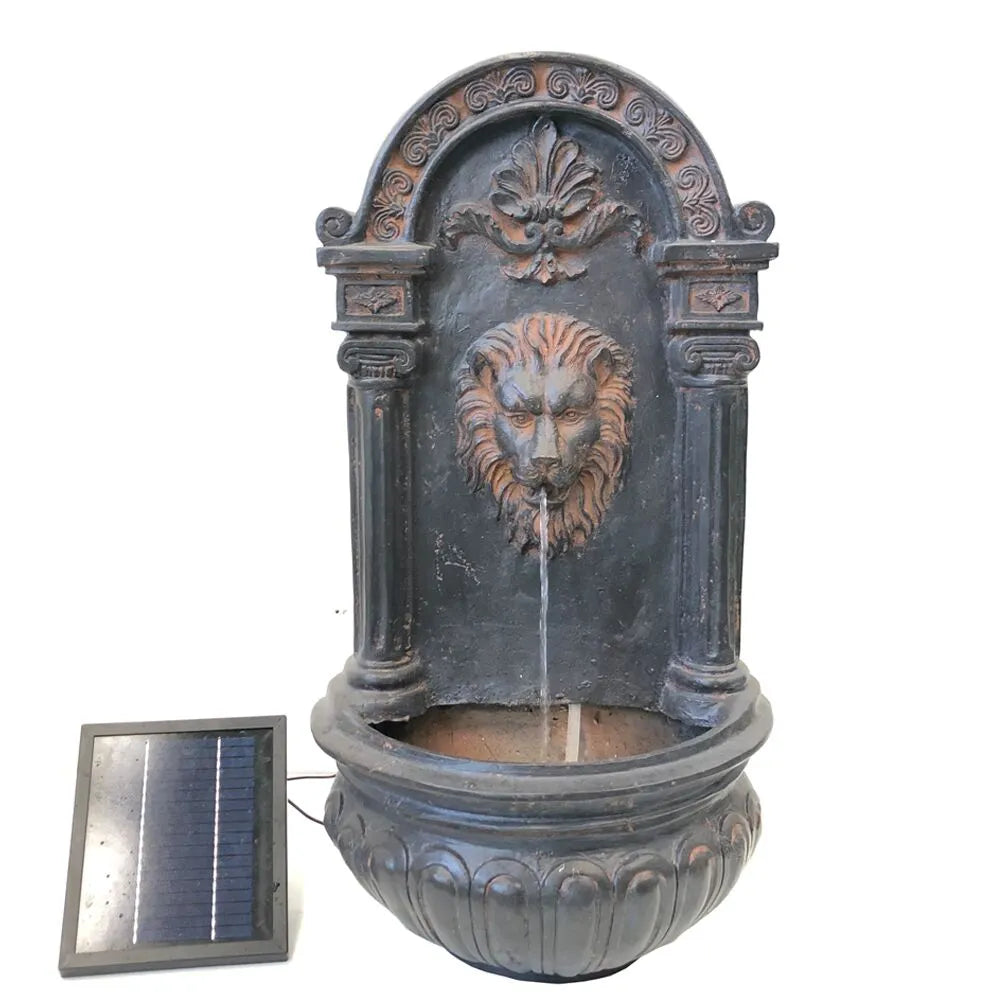 Solar Rustic Lion Spout Wall Water Feature with LED