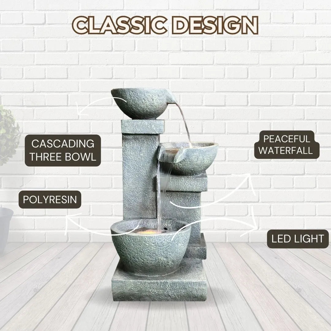 Cascading Bowls Stone Look Water Feature with LED