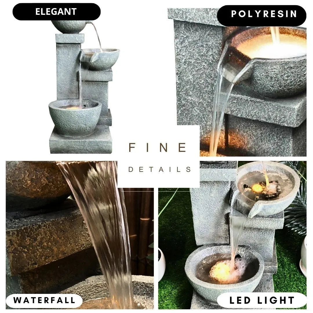 Cascading Bowls Stone Look Water Feature with LED
