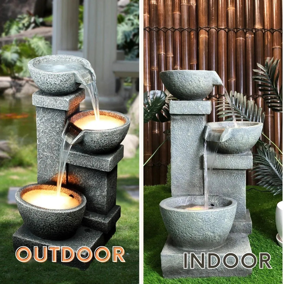Cascading Bowls Stone Look Water Feature with LED