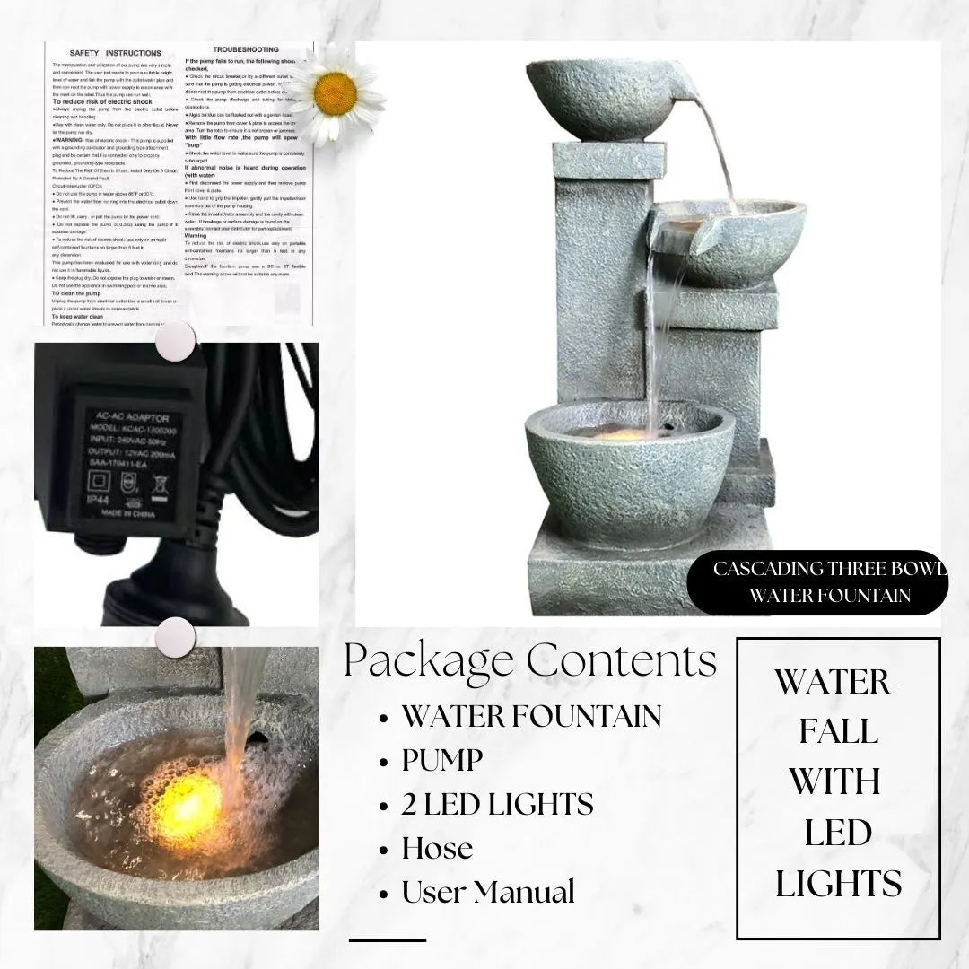 Cascading Bowls Stone Look Water Feature with LED