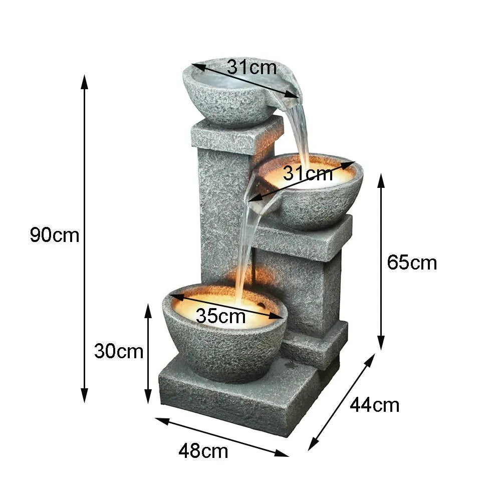 Cascading Bowls Stone Look Water Feature with LED
