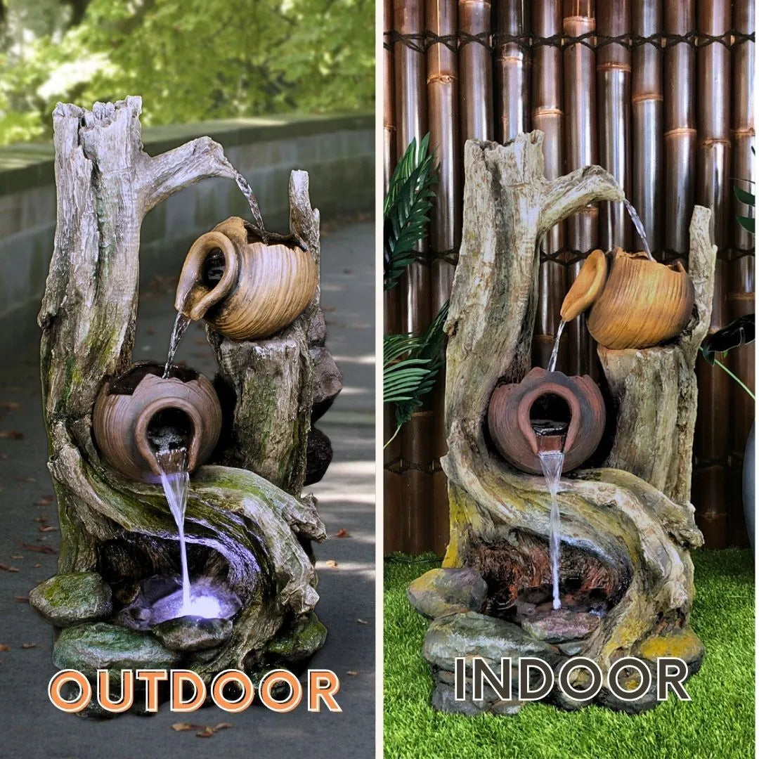 Tree trunk and Clay Pots Water Feature with LED Lights