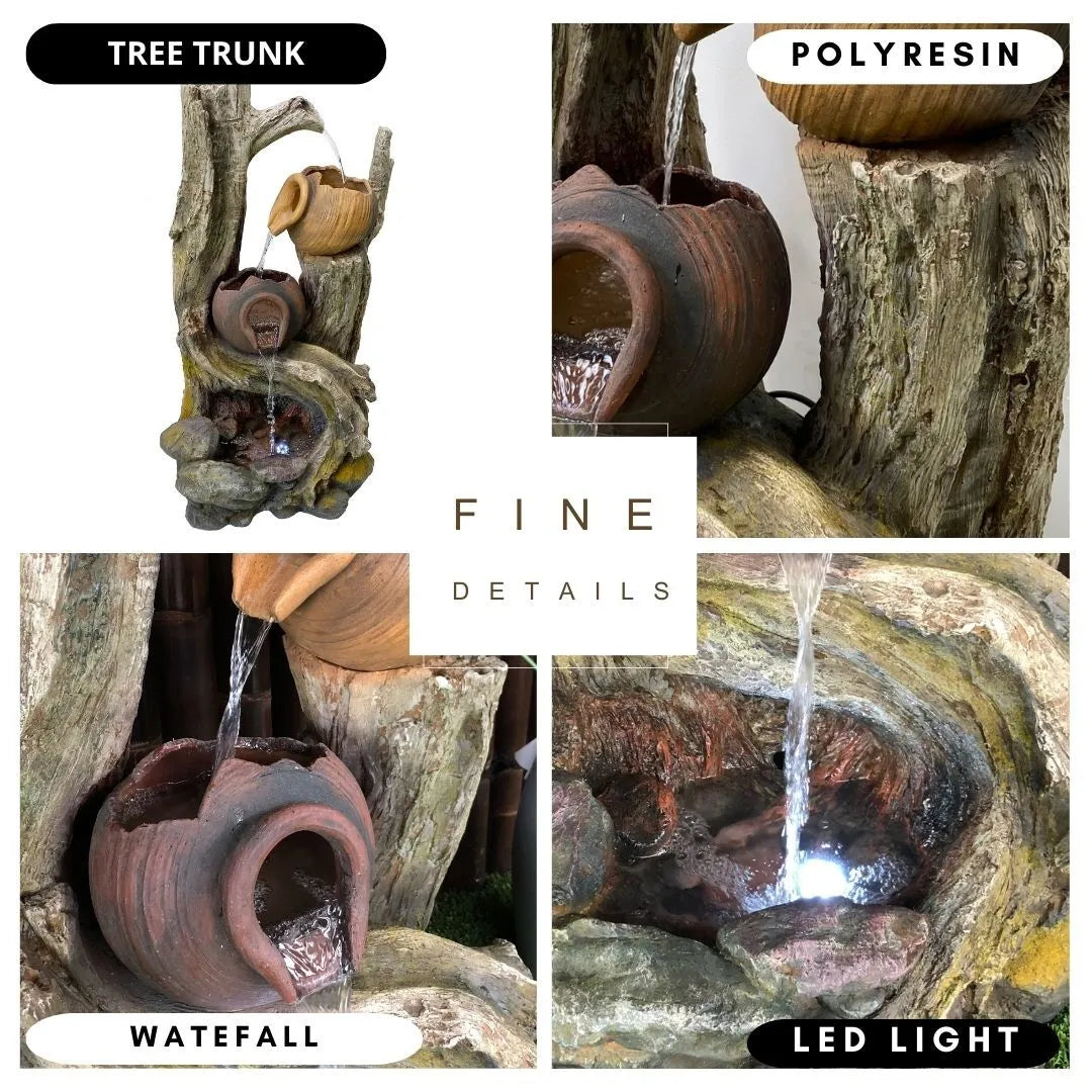 Tree trunk and Clay Pots Water Feature with LED Lights
