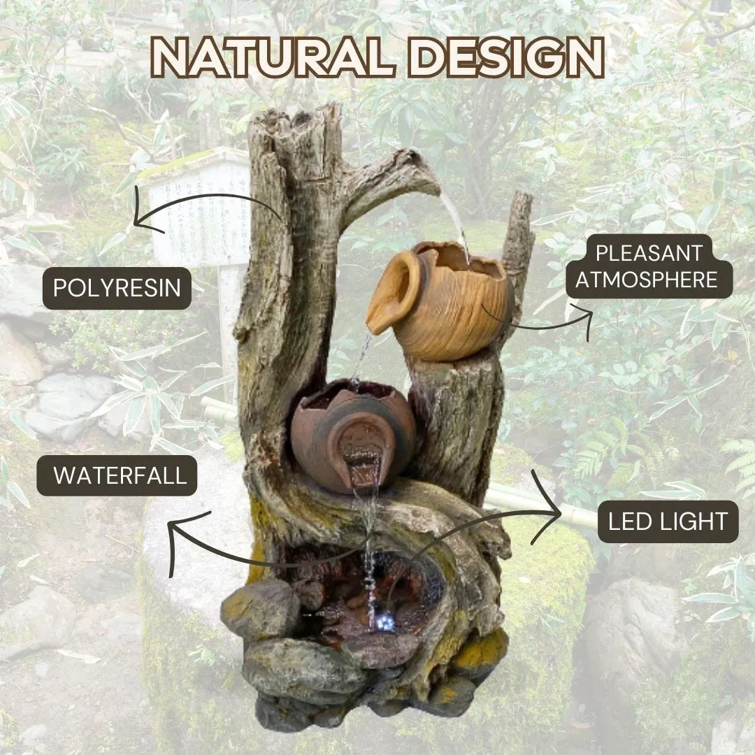 Tree trunk and Clay Pots Water Feature with LED Lights